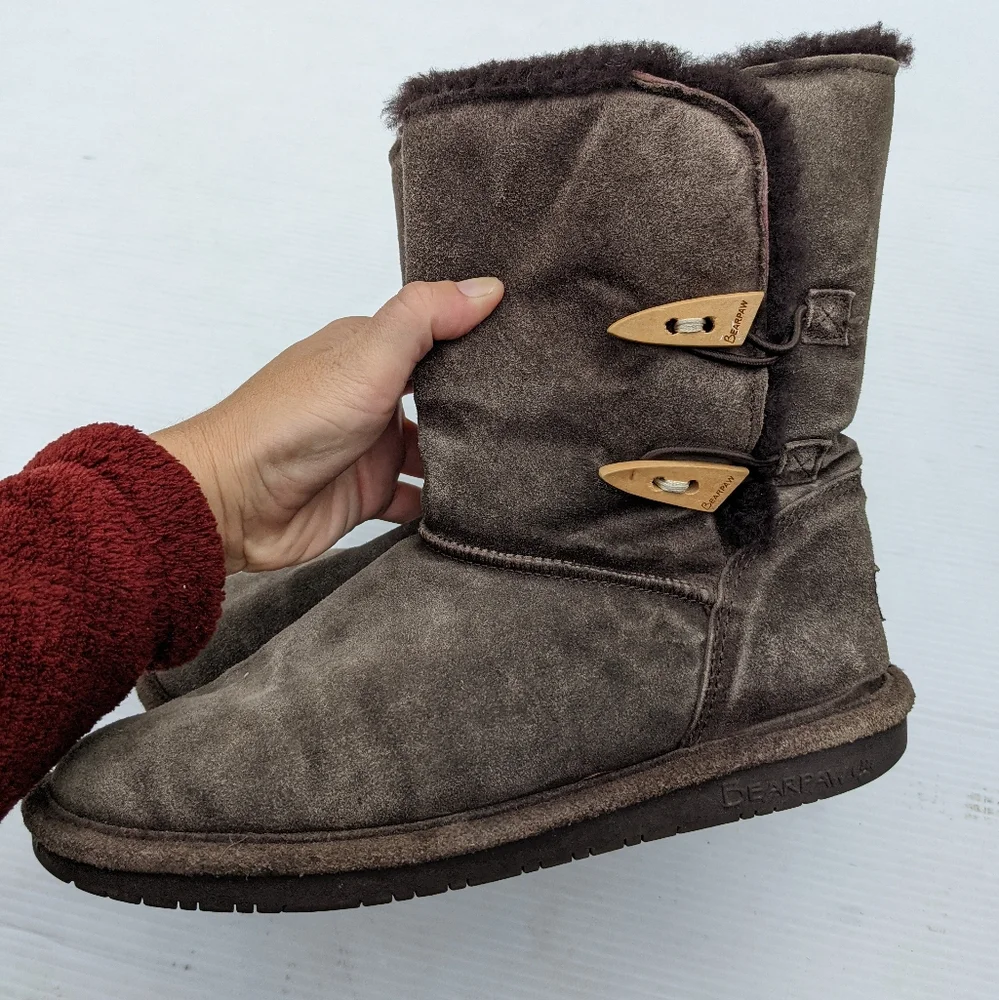 BEARPAW Abigail Brown Suede Leather Sheepskin/Wool Winter Slipper Boots cozy